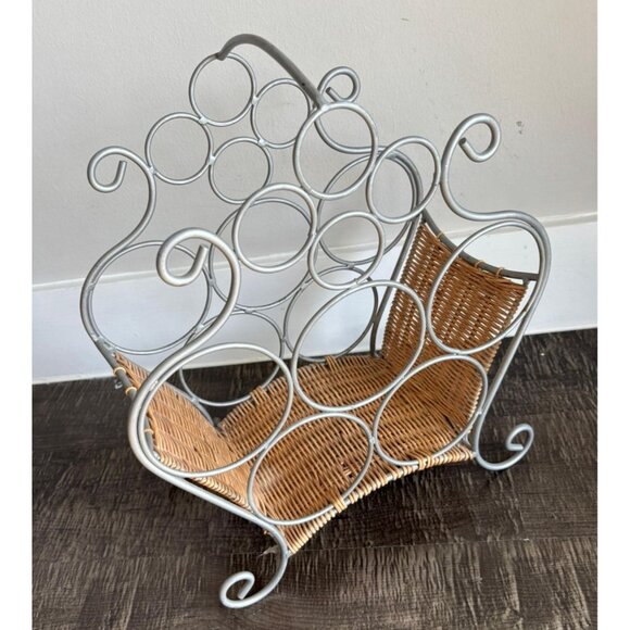 Vintage Wicker Wine Bottle Holder Rack Metal Stand Storage Decor - Picture 1 of 8